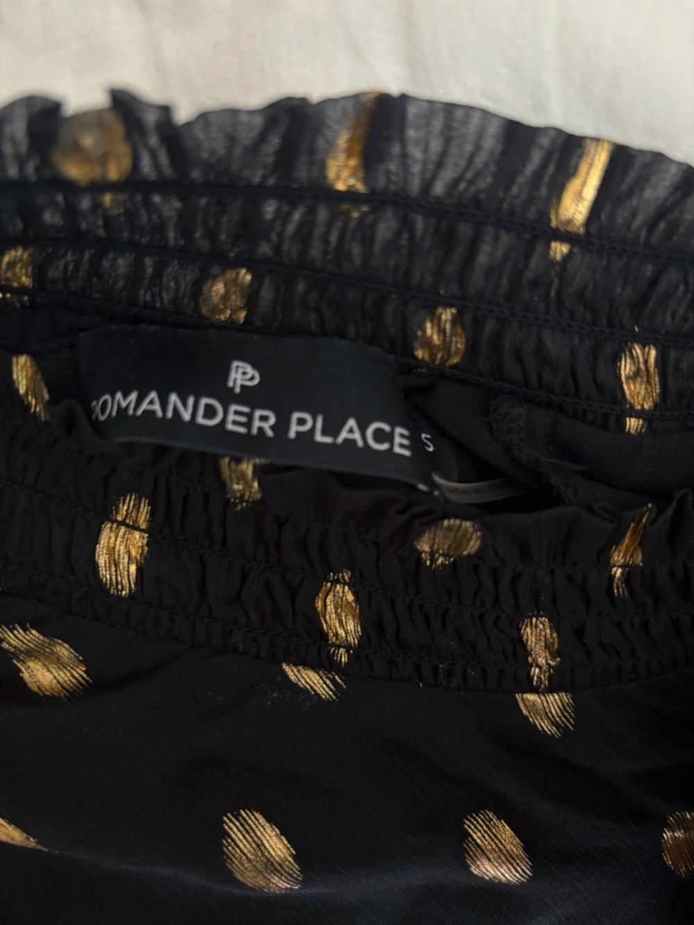 Pomander Place Celeste Black Metallic Gold Ruffle Blouse Small - Picture 7 of 8